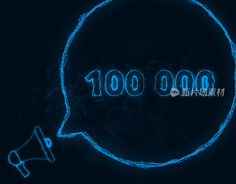 带有讲话泡泡的扩音器横幅和100000个号码。100 k喜欢,追随者。丛状的蓝色发光点和线。抽象的说明